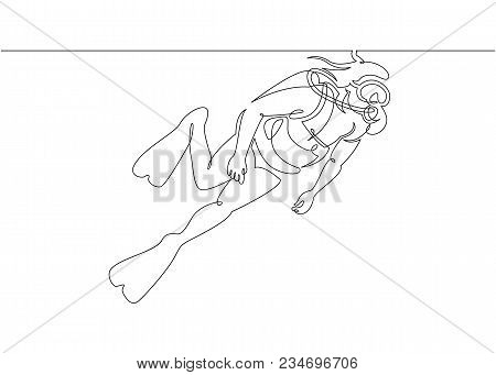 Continuous Single One Drawn Scuba Diver Line Underwater In The Sea. The Concept Of Sport Is A Journe