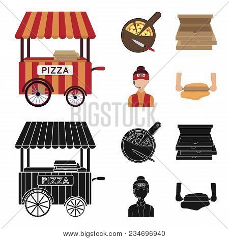 Mobile Trailer, Cutting Board For Pizza, Boxes, Salesman. Pizza And Pizzeria Set Collection Icons In