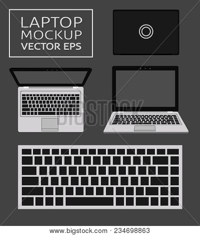 Laptop Flat Mockup In Front And Top Views. Minimal Flat Design For Websites, Business, Advertising A