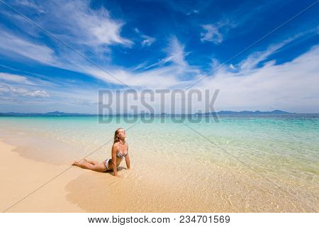 Tropical Summer Yoga Session On Beautiful Sunset Beach, Koh Kradan Island In Thailand. Vriksha Asana