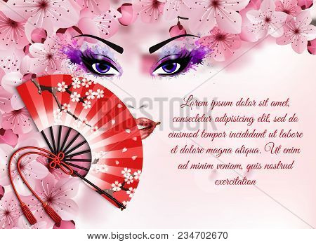 Sakura Realistic Elements Concept With Abstract Painting With A Woman S Face And Fan Vector Illustra