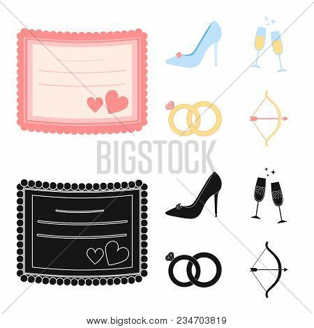 Invitation, Bride Shoes, Champagne Glasses, Wedding Rings. Wedding Set Collection Icons In Cartoon, 