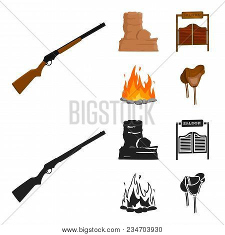 Winchester, Saloon, Rock, Fire.wild West Set Collection Icons In Cartoon, Black Style Vector Symbol 