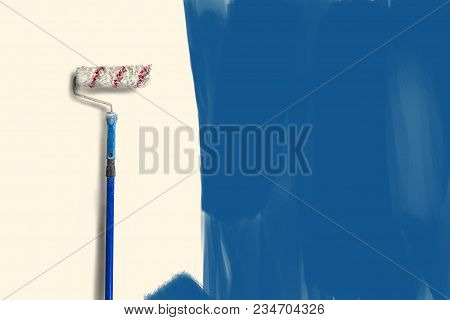 Scene Of Apartment Repair. Roller For Painting On A Long Handle Against The Background Of An Under-p