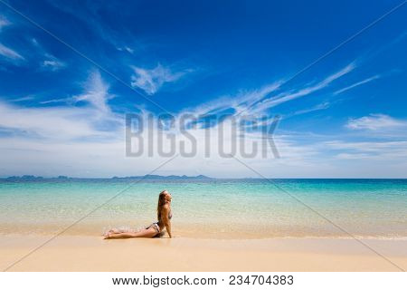 Tropical Summer Yoga Session On Beautiful Sunset Beach, Koh Kradan Island In Thailand. Vriksha Asana