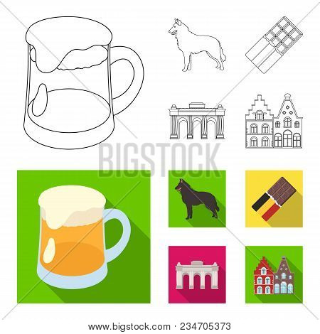 Chocolate, Cathedral And Other Symbols Of The Country.belgium Set Collection Icons In Outline, Flat 