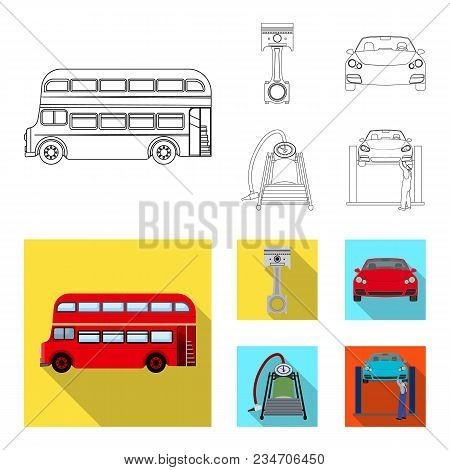 Car On Lift, Piston And Pump Outline, Flat Icons In Set Collection For Design.car Maintenance Statio