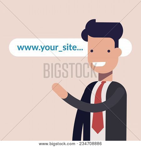 Happy Businessman Or Manager Points At The Website Address. Address Line Of Your Store Or Site In Th