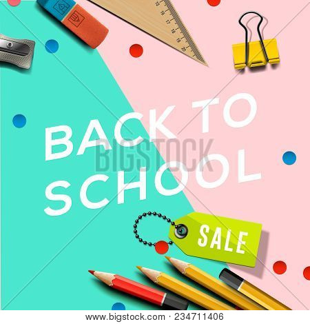 Back To School Sale Banner Design With Lettering And School Supplies, Vector Illustration.