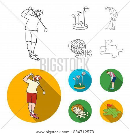 Stand For A Golf Club, Muzhchin Playing With A Club, Basket With Balls, Label With A Flag On The Gol