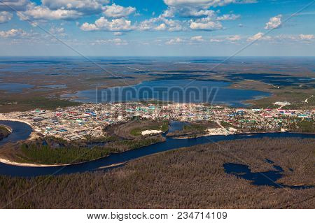 Aerial View Of Novoagansk Town, Tyumen Region, Russia, Which Located On The Bank Of The Siberian Riv