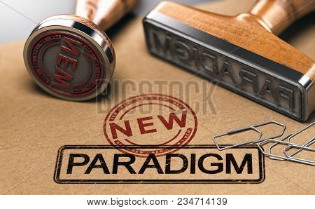 Rubber Stamps With The Words New And Paradigm Over Brown Paper Background. 3d Illustration