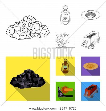 A Miner Lamp, A Funnel, A Mining Combine, A Trolley With Ore.mining Industry Set Collection Icons In