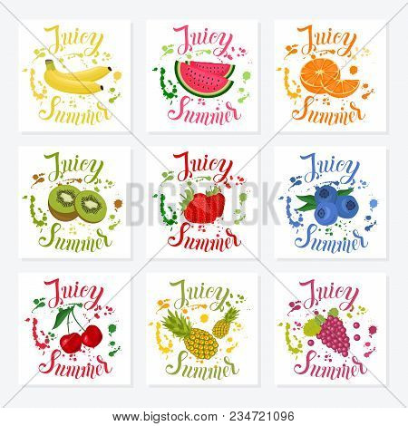 Juicy Summer Inscription On The Background With Splashes. Vector Illustration With Summer Fruit. Tre