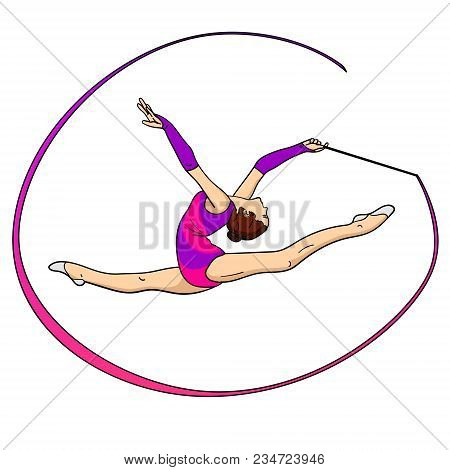 Object On White Background Rhythmic Gymnastics, Girl With A Ribbon. Beautiful Ballerina Sits On Twin