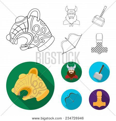 Viking In Helmet With Horns, Mace, Bow With Arrow, Treasure. Vikings Set Collection Icons In Outline
