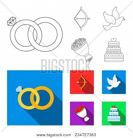Arrow Cupid, Dove, Bouquet Of Flowers, Wedding Cake. Wedding Set Collection Icons In Outline, Flat S