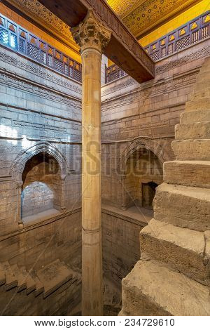 Cairo, Egypt - March 17 2018: Deep Well Of Nilometer Building With One Column Calibrated To Measure 