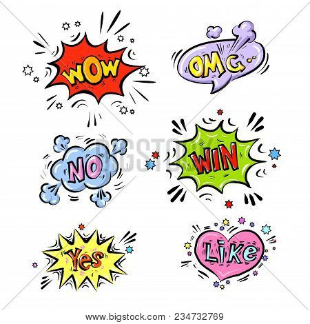 Retro Comic Speech Bubbles Set With Colorful Halftone Shadows On White Background. Expression Text V
