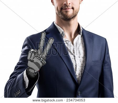 Businessman With Robotic Hand. Prosthesis Concept. Bionic Technology Concept. 3d Rendering