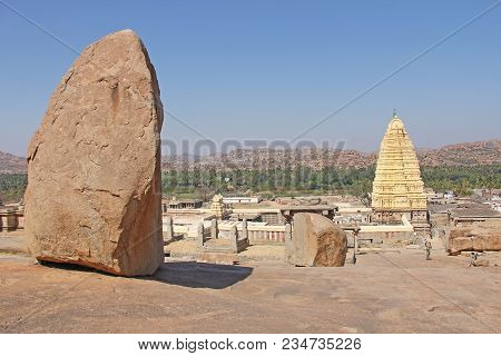 Large Big Stones Boulders In Hampi.  Hemakuta Hill And Virupaksha Temle. Karnataka, India.