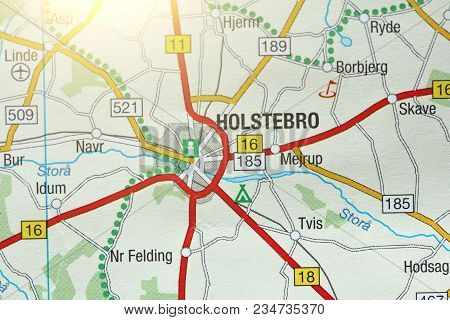 Holstebro. Kongeriget Danmark. A Paper Map And Roads On The Map.
