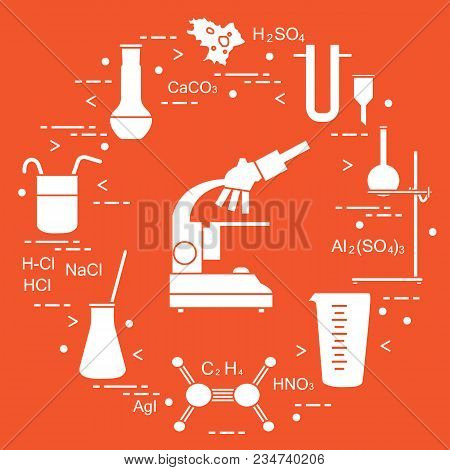 Chemistry Scientific, Education Elements: Microscope, Flasks, Tripod, Formulas, Beaker, Amoeba, Meas