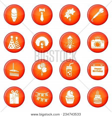 Happy Birthday Icons Set Vector Red Circle Isolated On White Background