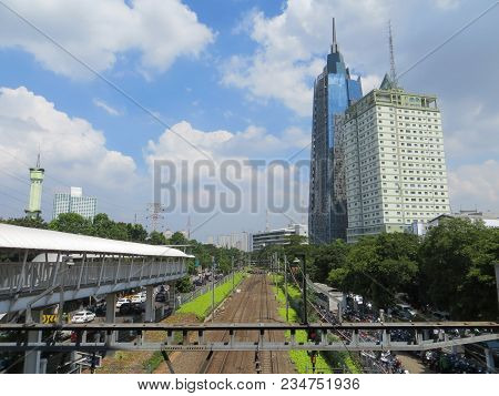 Jakarta, Indonesia - June 8, 2017: Railway Tracks Of Palmerah Station.