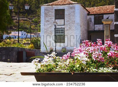 Beautiful View Of Vilaflor Village With Blooming Geraniums In The Foreground On Tenerife, Canary Isl