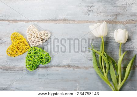 Flowers Composition. Frame Made Of White Flowers On Blue Background