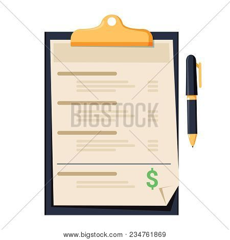 Cash Flow Statement. Clipboard With Financial Statement, Financial Report And Pen. Modern Flat Desig