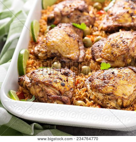 Arroz Con Pollo, Seared Chicken With Spanish Rice And Olives