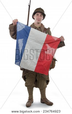 Young French Soldier 1940 Isolated On The White Background