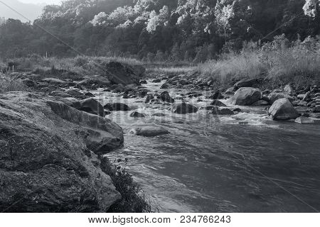 Beautiful Reshi River Water Flowing At Dawn, Sikkim, India. Reshi Is One Of The Most Famous Rivers O