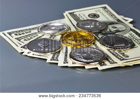 Coins Of Different Crypto-currencies. Bitcoin Dash Ripple Ethereum Litecoin