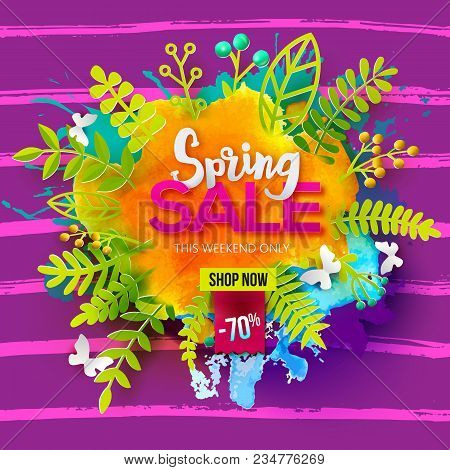 Spring Sale Message On Green Leaves And Orange Watercolor Blot On Linear Background. Paper Art Cut O