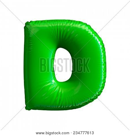 Green letter D made of inflatable balloon isolated on white background. 3d rendering