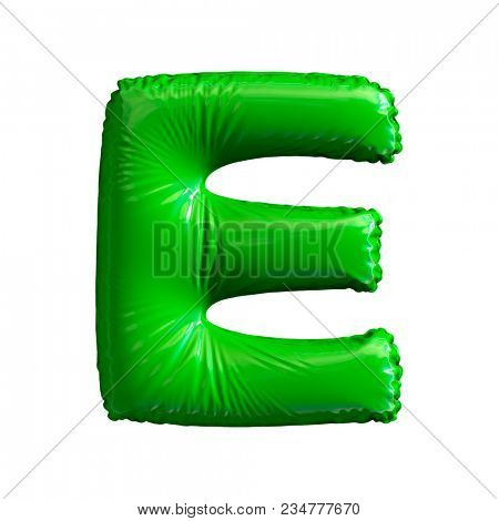 Green letter E made of inflatable balloon isolated on white background. 3d rendering