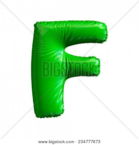 Green letter F made of inflatable balloon isolated on white background. 3d rendering