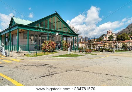 Laveno Mombello, Varese, Italy - April 5, 2018: Boarding Place On The Ferries With Ferry And Ticket 