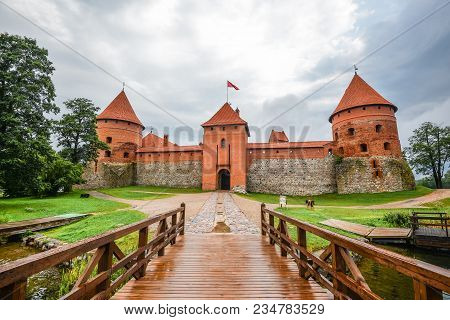 Trakai, Lithuania - August 15, 2017: Landscape Of Trakai Island Castle, Lake And Wooden Bridge, Lith