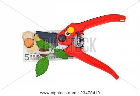 Garten Astschere, grünes Blatt und Geld