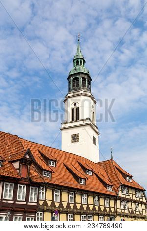 Celle, Germany - April 19, 2014: The Church Tower And Half-timbered Houses In The City Center