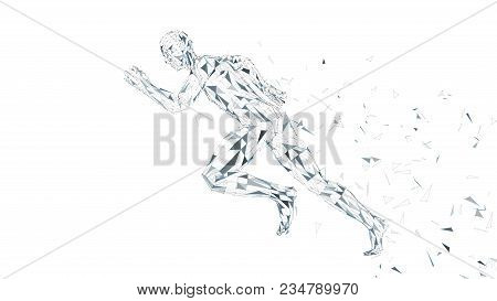 Conceptual Abstract Running Man. Runner With Connected Lines, Dots, Triangles, Particles On White Ba