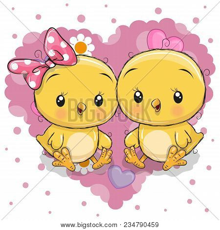 Two Cute Cartoon Chickens On A Background Of Heart