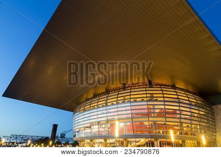 Copenhagen, Denmark - July 28, 2016: The Illuminated Opera House Designed By Henning Larsen Architec