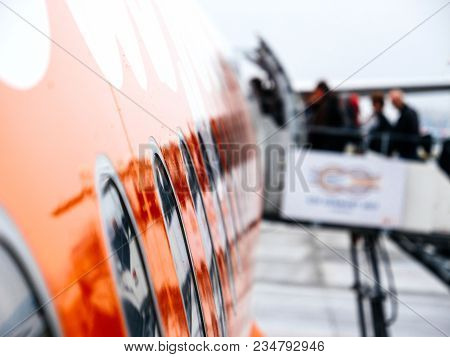 Defocused Blurred Unrecognizable People Entering Airplane Early In The Morning In Flughafen Hamburg 