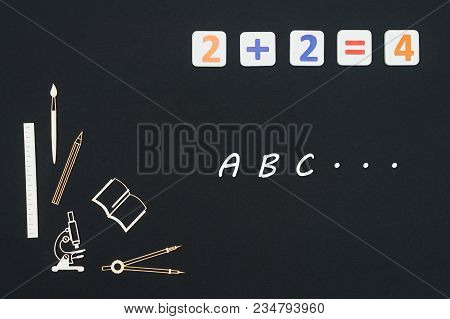 Concept First Class School, Text Abc With Wooden Miniatures School Supplies And Elementary Numbers O