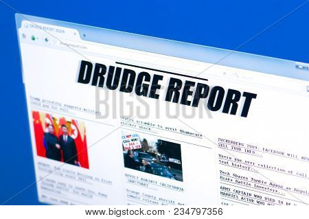 Ryazan, Russia - March 28, 2018 - Homepage Of Drudge Report Website On A Display Of Pc, Web Adress -